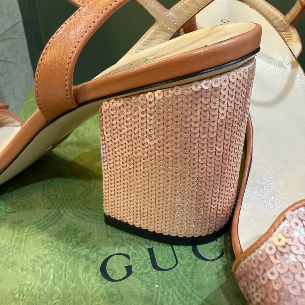 Gucci Pink Sequin Block Heel Sandals